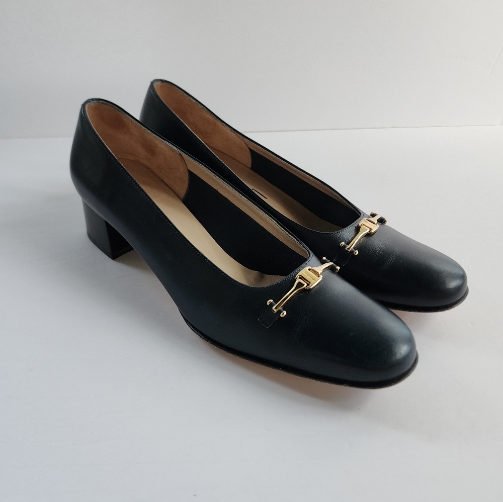 Salvatore Ferragamo Navy Leather Block Heel Pumps with Gold Horsebit